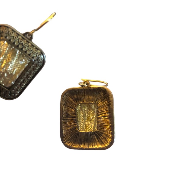Disco Gold tone Greco-Roman Inspired Square Dangle Earrings‎ - Picture 3 of 5